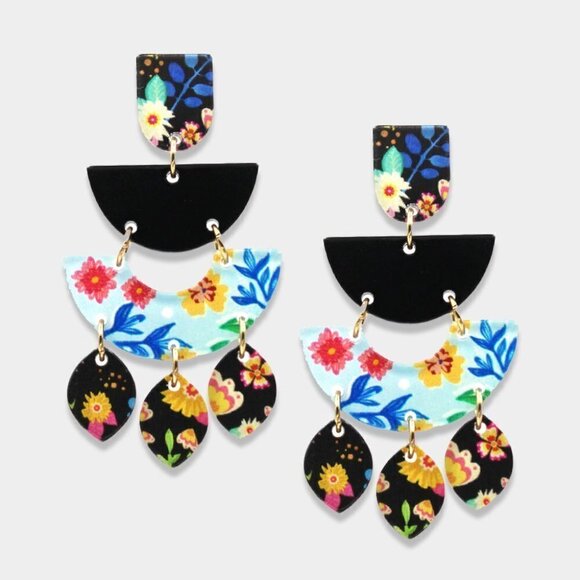 NEW Mix Floral Patterned Abstract Arc Teardrop Resin Dangle‎ Earrings - Picture 1 of 7